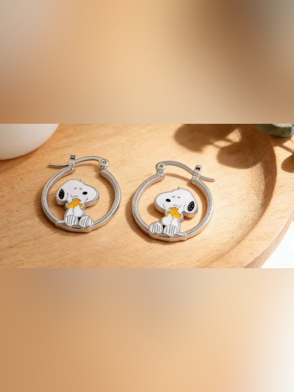 Silver Hoop Peanuts Snoopy & Woodstock Charm Earrings